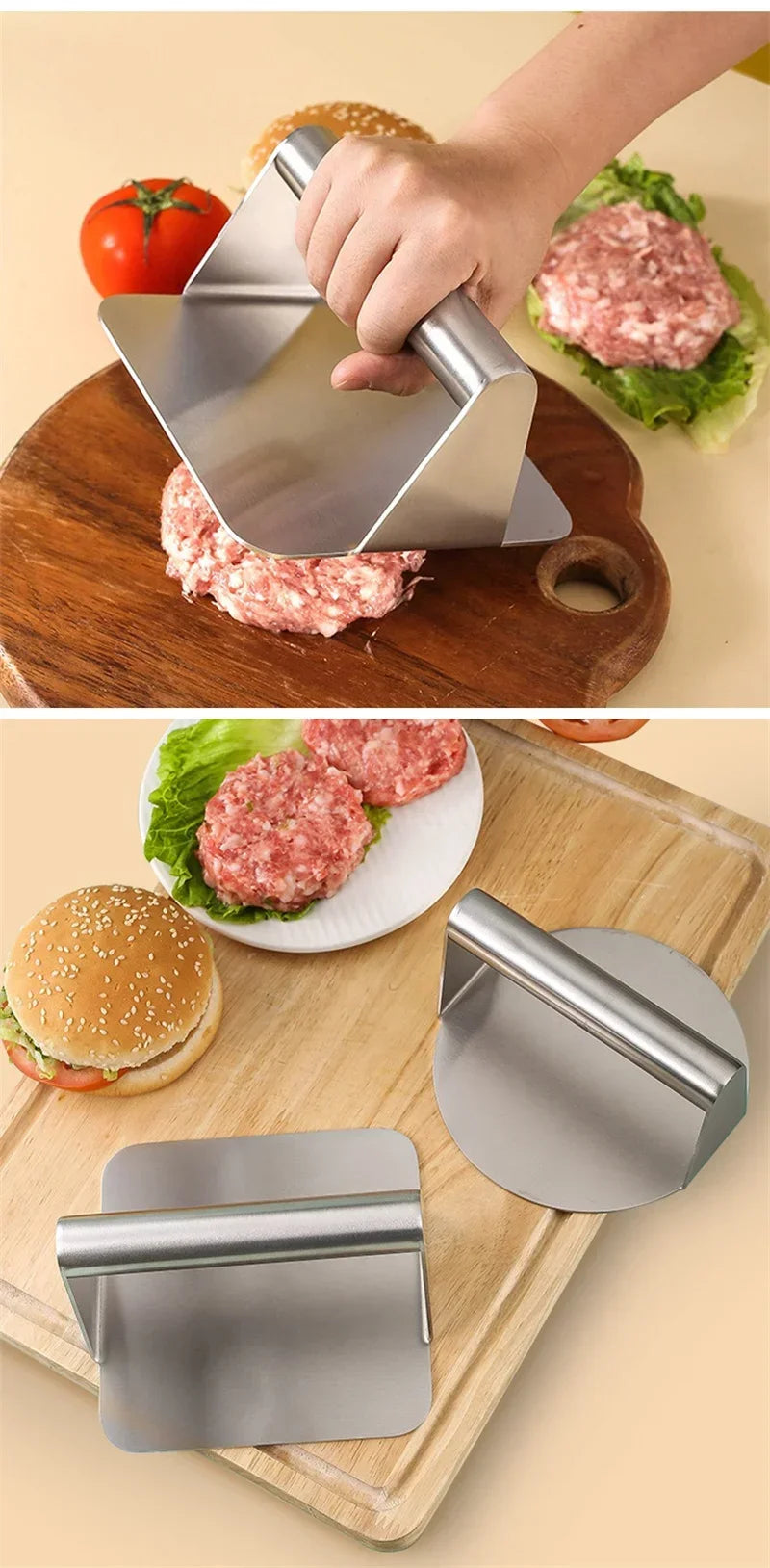 Hamburger Meat Press Stainless Steel Round/Square Smash Burger Press Deli Meats Kitchen Tool Flat Top Grill Tools Squeeze Grease