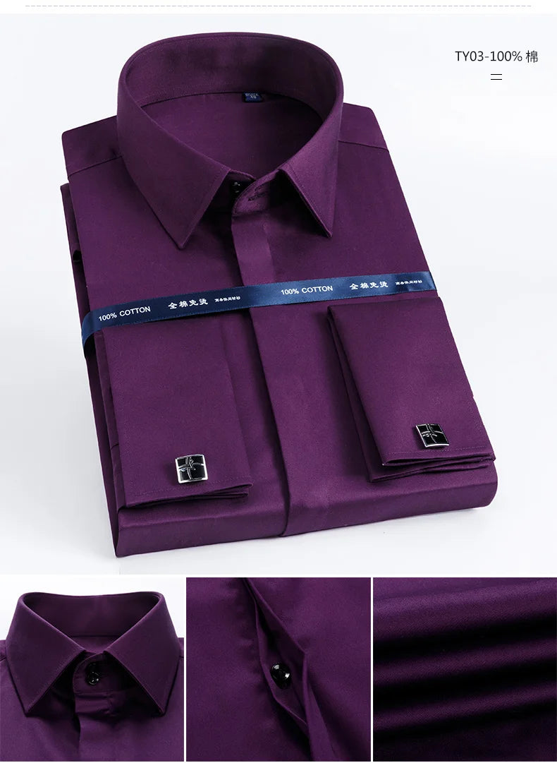 Men's French cufflinks shirt made of pure cotton long sleeved slim fit concealed button, solid color high end wedding dre