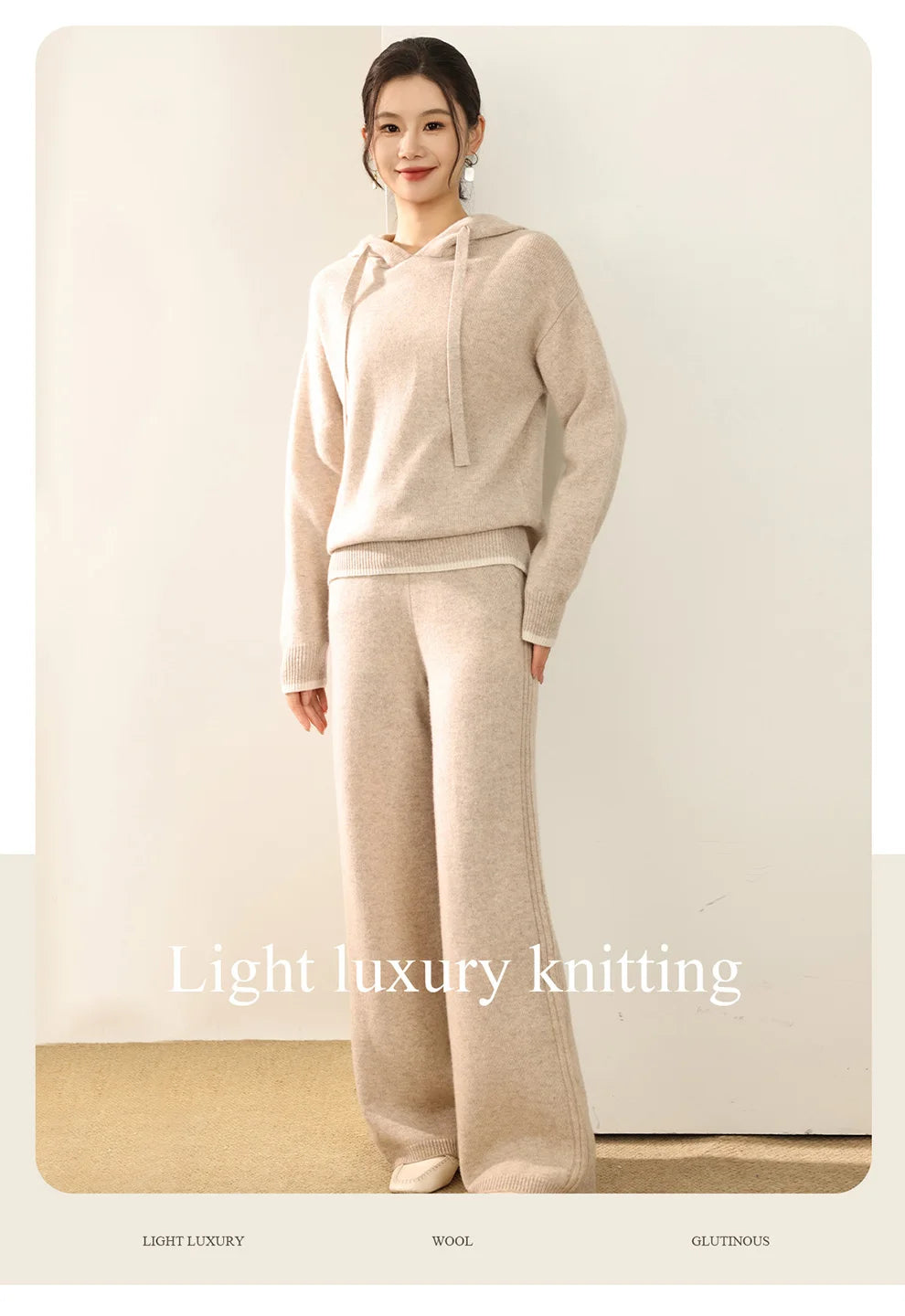 Autumn And Winter New 100 Pure Wool Suit Women Hooded Sweater Wide-Leg Pants Casual Knitting Two-Piece Suit