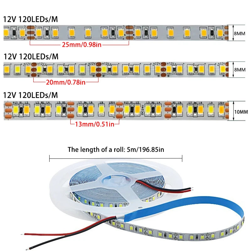 12V 24V 5m LED Strip Light 2835 120/180/240 LEDs Flexible Tape Bright 8mm PCB  Home Decoration