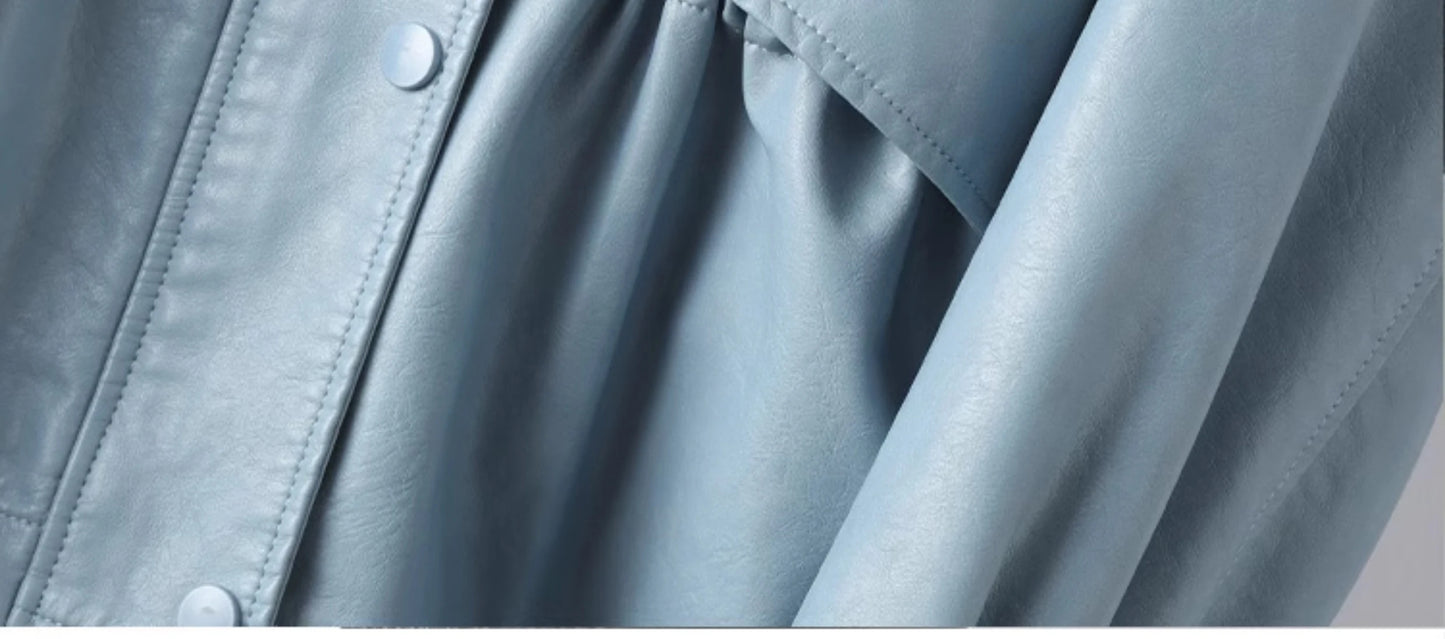 M-3XL Fashion Stand Collar Shrink Waist Sheepskin Jackets 2024 Fall Casual Loose Female Zipper Covered Button Split Leather Coat