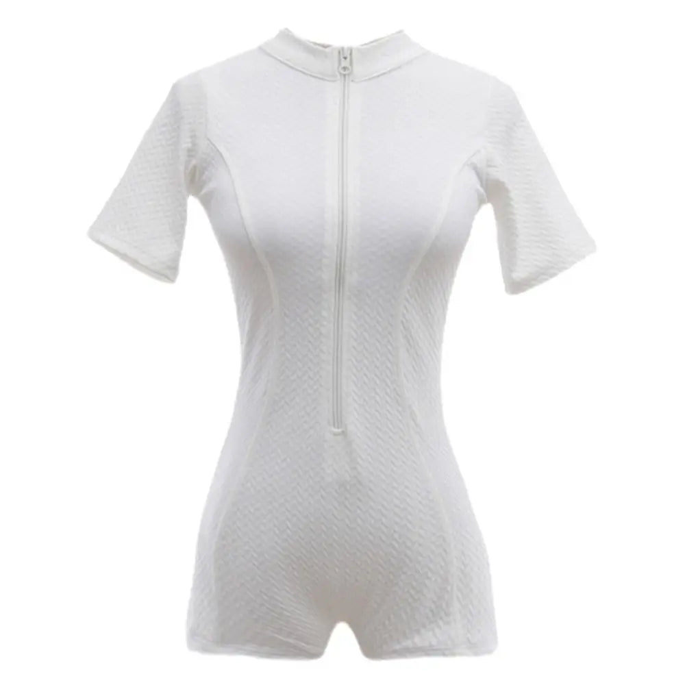 New Fashion Short Sleeve Swimming Suit Solid Half High Collar Bathing Suit Blue High Neck Rash Guard Swimming