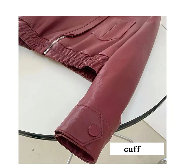 European 2025 New Fashion Short Leather Jacket For Women Casual Elastic Band Waist Top Clothing Mujer Varsity Claret Veste