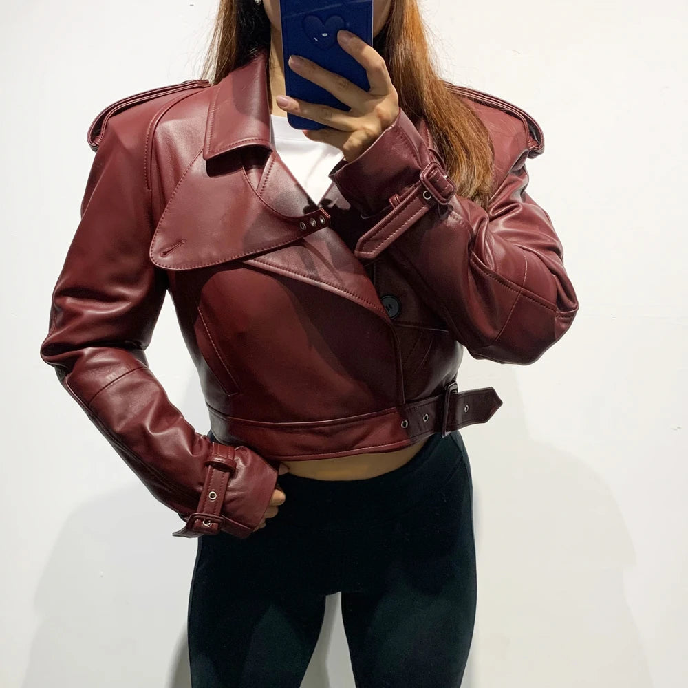 Female Leather Jacket Women Winter Genuine Sheep Leather Coat Wide Shoulder Paddad 23012