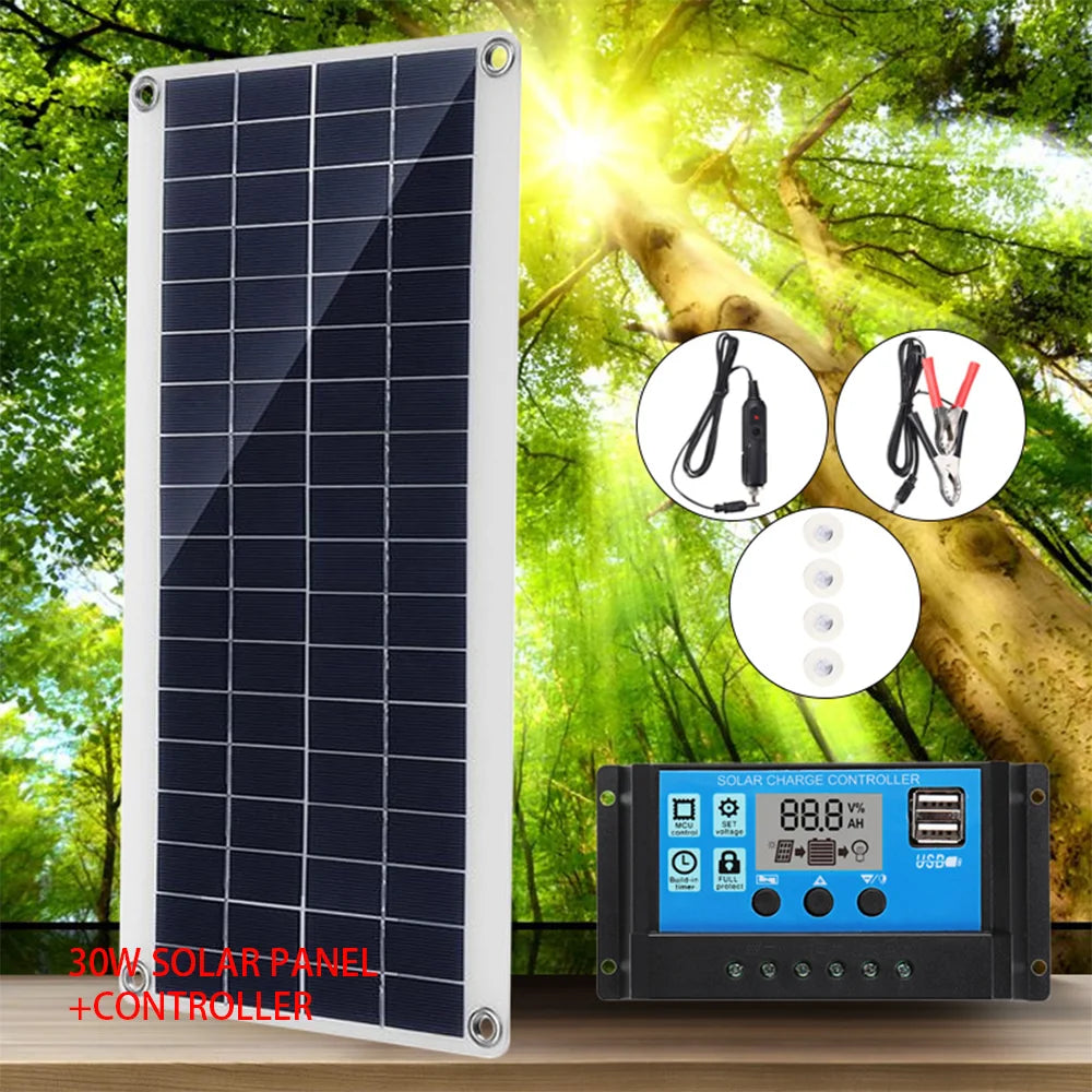 Solar Panel Set 30W Kit Controller Portable USB Generator System 12V 24V Electric Energy Power Charger Camping Board 10/20/30A
