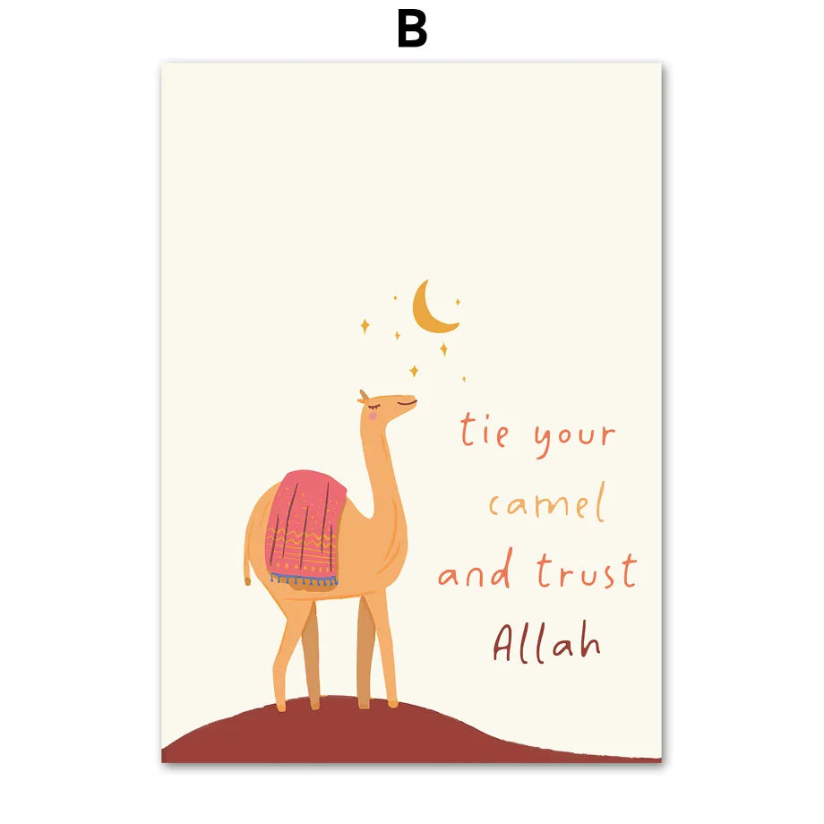 Beige Mosque Allah Camel Rabbit Islamic Wall Art Canvas Painting Posters and Prints Cartoon Pictures for Baby Kids Room Decor