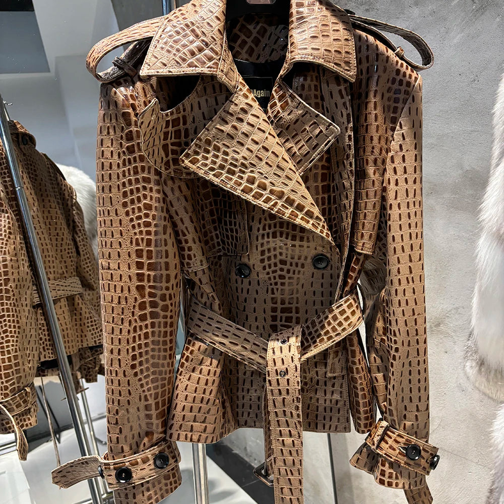 YOLOAgain Double Breasted Croc Pattern Leather Jacket Women 2023 Autumn New Genuine Leather Jacket Ladies