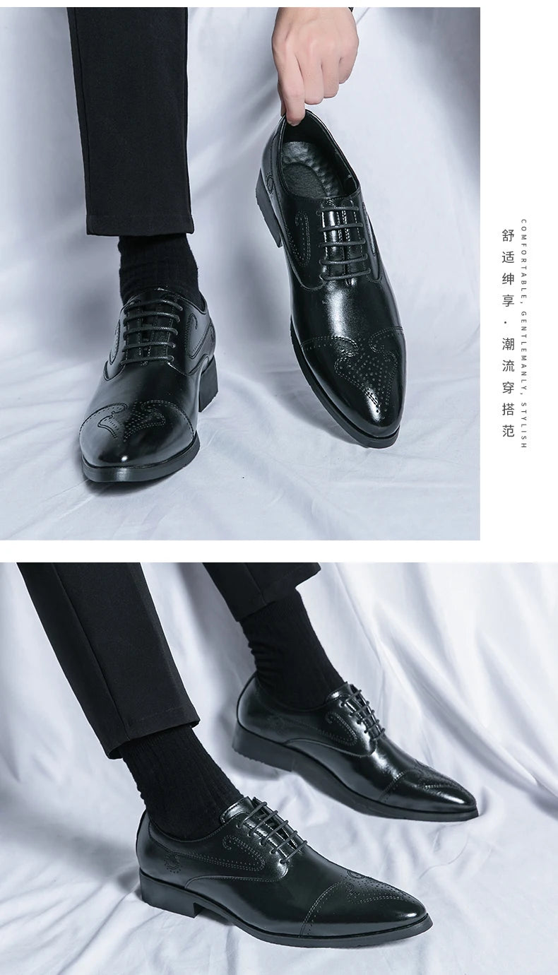 Formal Brogues Shoes Men Classic Social Casual Business Shoes Man Wedding Men's Dress Shoes Party Pointy Toe Leather Shoes Male