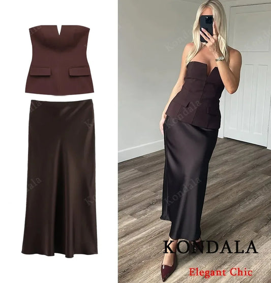 KONDALA-Women Elegant Chocolate Skirt Set Tube Top + Elastic Waist Satin Hip Skirt New 2025 Spring Summer Slim Mocha Mousse Set