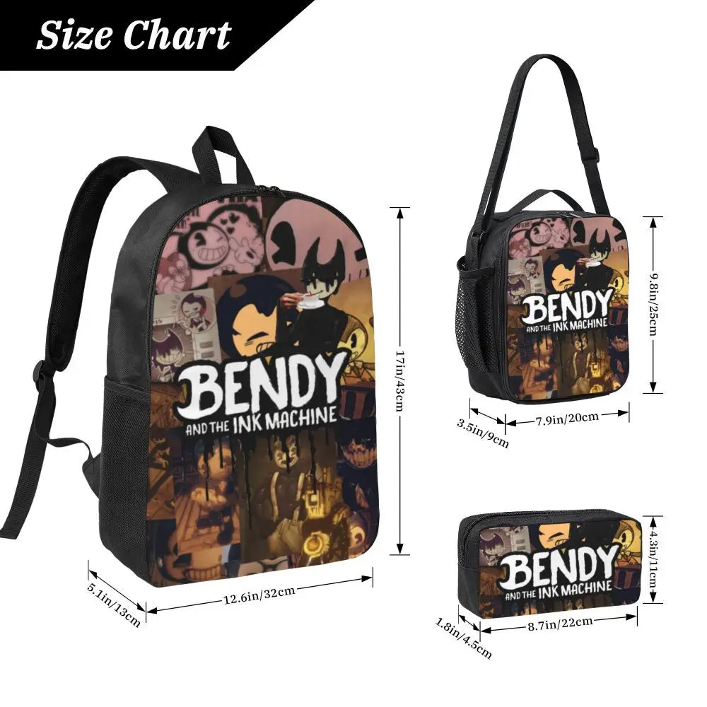 3Pcs Bendys And The Dark School bags Set for Boy Girl Pen Bags Backpack Sets with Lunch Box For School Students Knapsack