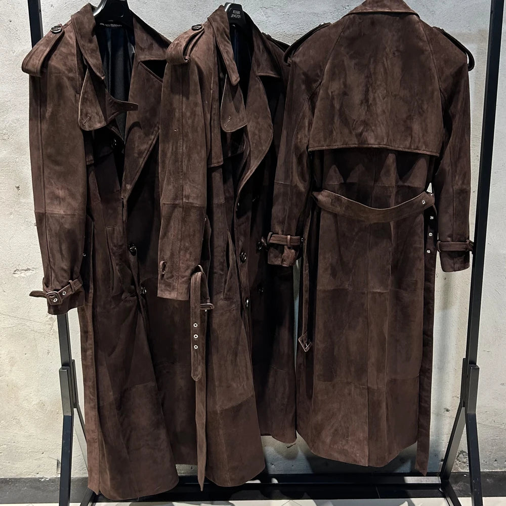 Suede Burgundy Long Coat Double Breasted Windbreak Length 150cm Women's Real Suede Coat
