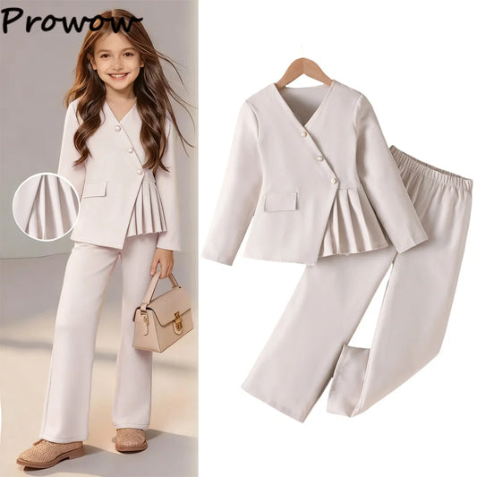 6-14Y Kids Fashionable Suit For Girls Slant Collar Beige Irregular Coat and Suit Trousers Spring Fall Kids Blazer Girls Outfits