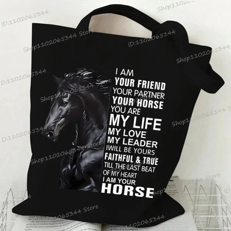 Women's Tote Bag Just A Girl Who Loves Horses Print Canvas Large Capacity Shopping Bags Horse and Flower Commuter Shoulder Bag
