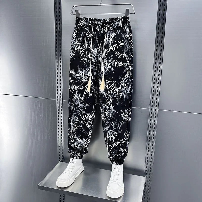 Ice Silk Men's Casual Fashionable Bamboo Leaf Print Sports Pants Loose Fit Long Trousers Youth Summer Active Wear