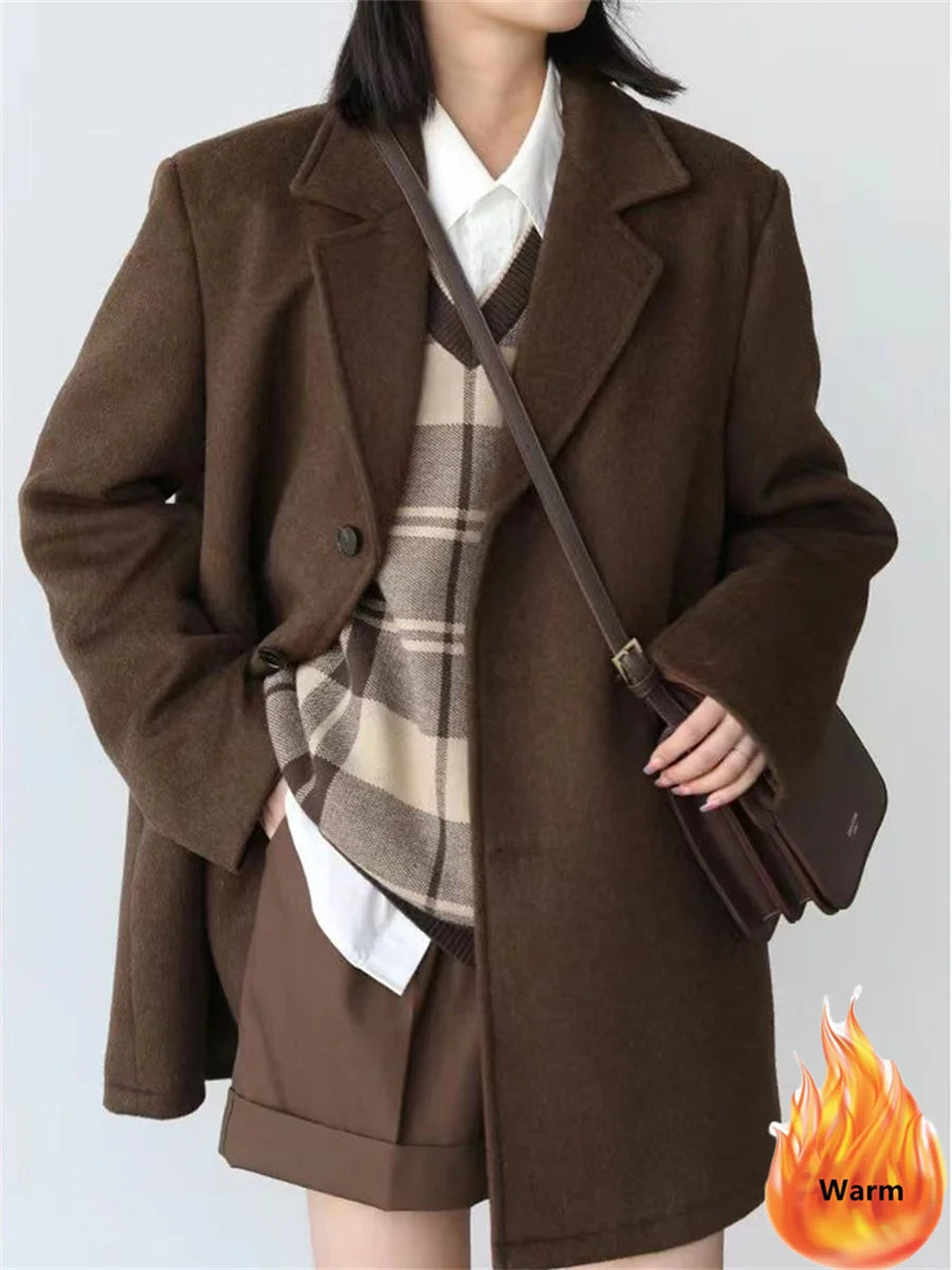 Korean Warm Mid Length Woolen Suit Coat Thick V Neck Women New Loose Parkas Winter Single Breasted Wool Blend Jackets Casaco