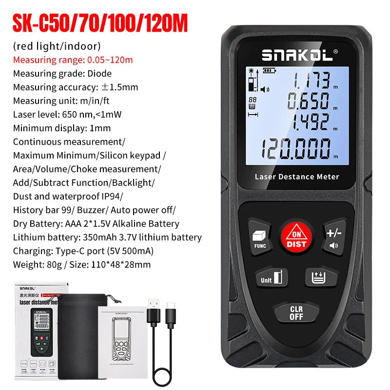 Snakol Laser Distance Meter 50m 70m 100m 120m Digital Range Finder Rechargeable Rangefinder Laser Tape Measure Electronic Ruler
