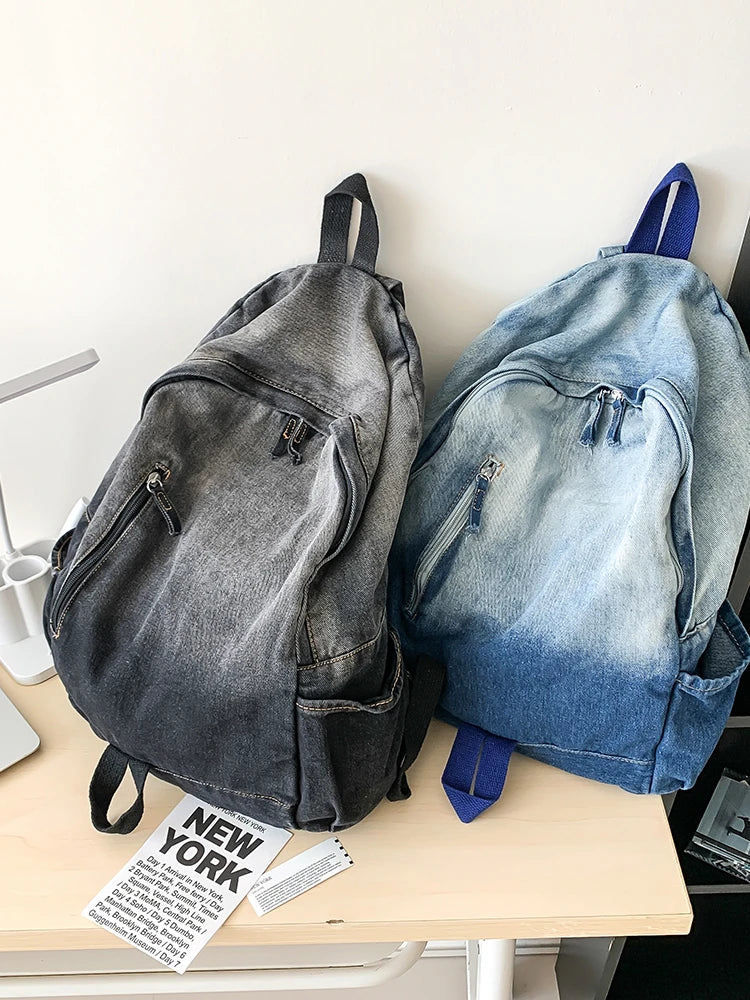 Men's and Women's Backpacks, Student School Bags, Large-Capacity Washed Denim Bags
