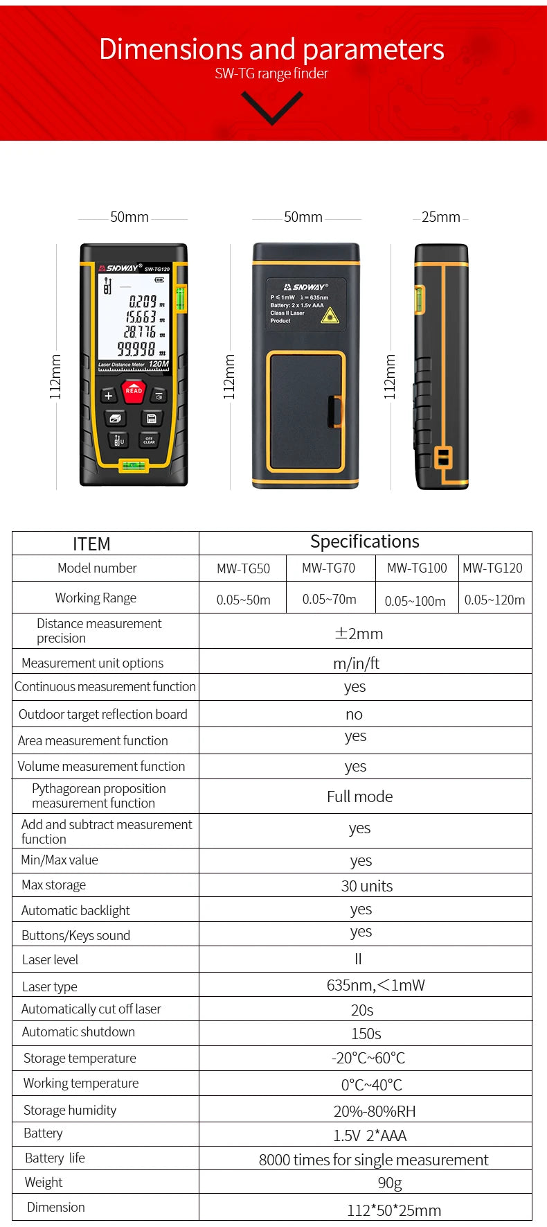SNDWAY Laser Distance Meter 50m 70m 100m 120m Rangefinder Digital Range Finder Trena Roulette Ruler Distance Measuring Tape