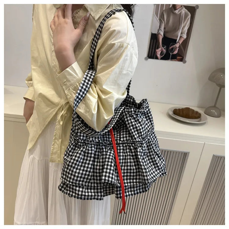 Women's Tote Bag Ruffles Plaid Drawstring Handbag Women Fashion Canvas Shoulder Bags	Large Capacity Korean Bags Bolsos De Mujer