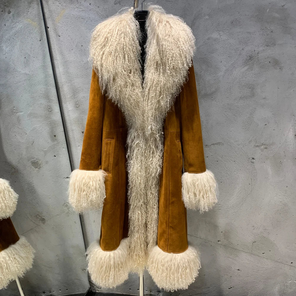 Suede Coat Fur Collar Women Autumn Genuine Sheepskin Coat Long with Mongfolian Fur Trim