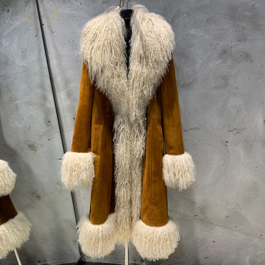 Suede Coat Fur Collar Women Autumn Genuine Sheepskin Coat Long with Mongfolian Fur Trim