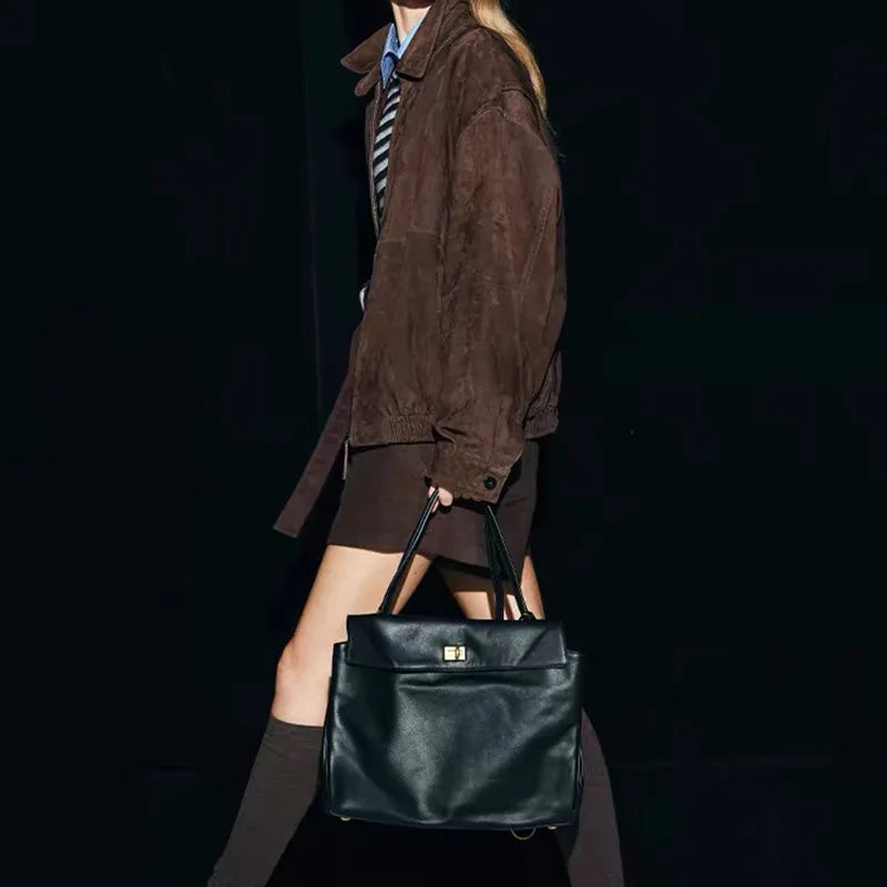 Brown Suede Jacket Spring Women Sheepskin Vintage Old Money Style Wide Shoulder Casual Baseball Leather Coat Giacca Pelle Donna