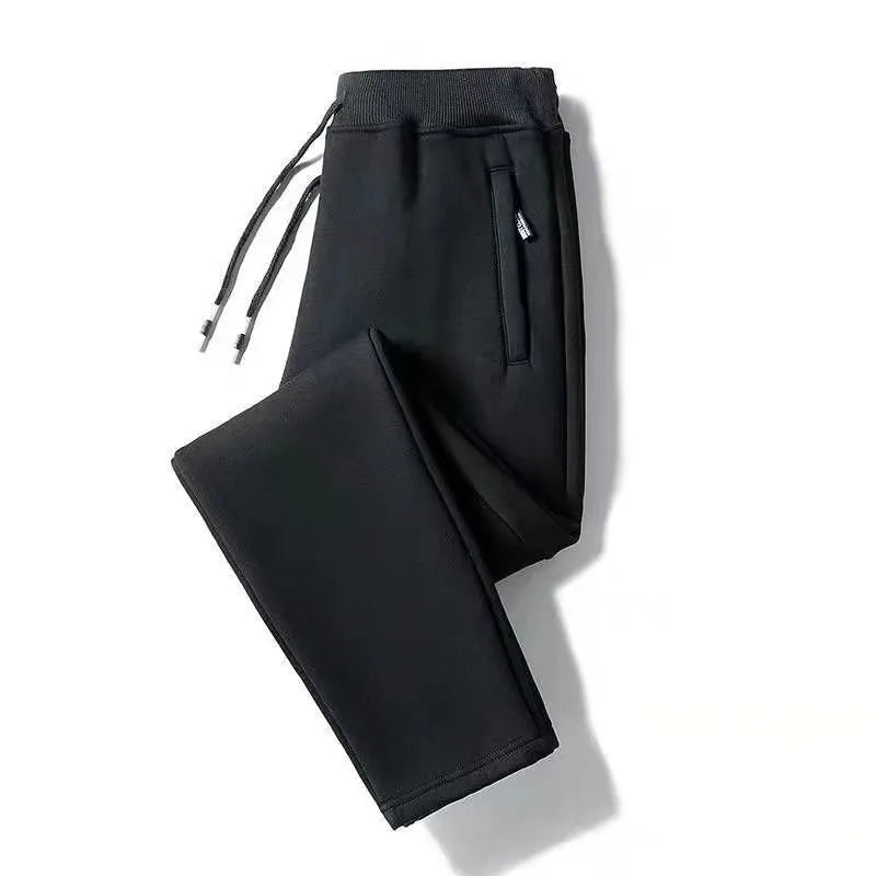 Men's Fleece Lined Trousers Loose Fit Straight Leg Casual Pants with Pockets Zipper Closure Autumn Winter Outerwear
