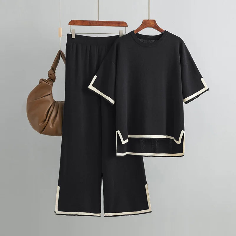 Pants Set Women Two Piece Sets Short Sleeve Spring Knit Tops Loose Casual Wide Leg Long Pants High Waist Y2k Streetwear Spring
