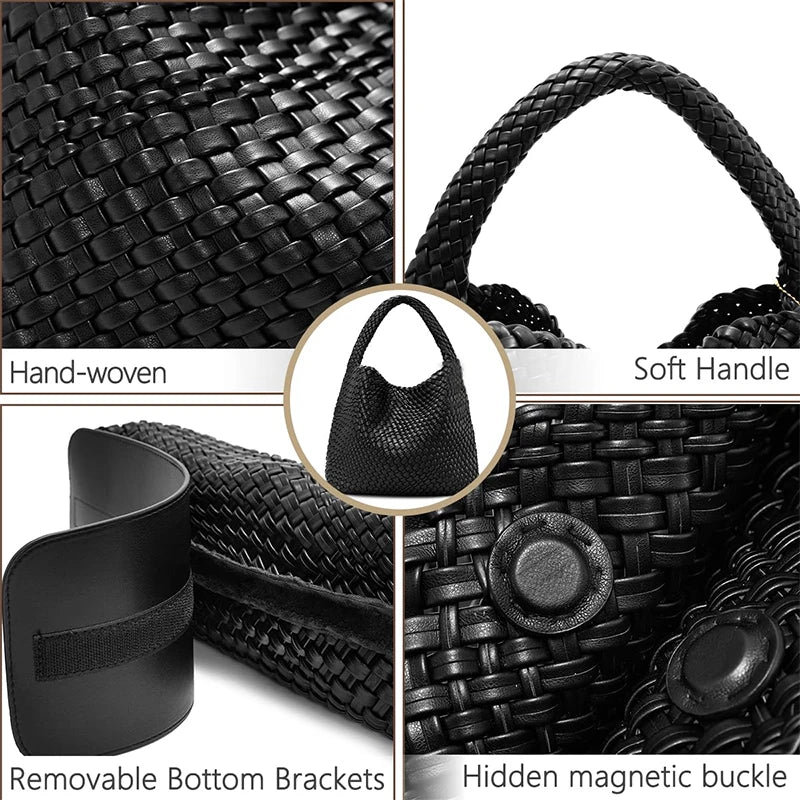Woven Tote Bag for Women Large Woven Handbag Soft Leather Shoulder Bag Work Shopper Summer Beach Travel Tote Bag with Purse