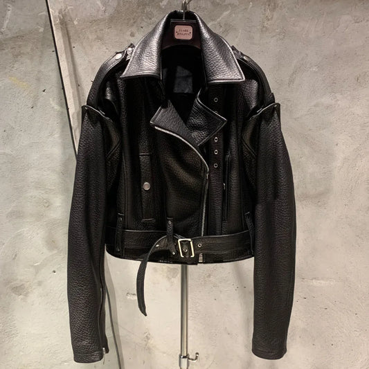 Black Texture Leather Jacket Biker Leather Jacket Ladies Real Sheepskin Coat N15