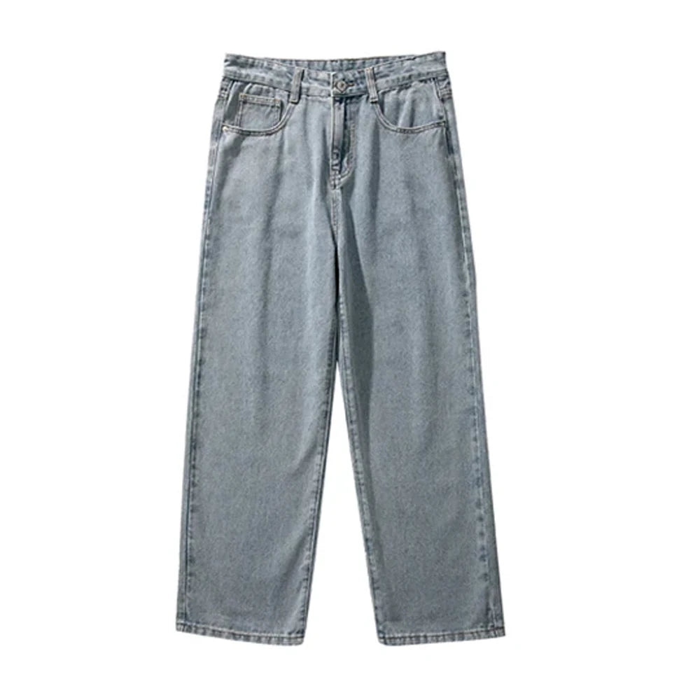 Korean Solid Colors Men's Casual Long Jeans Classic Man Four Seasons Straight Denim Wide-leg Pants Light Blue Grey Black 3XL