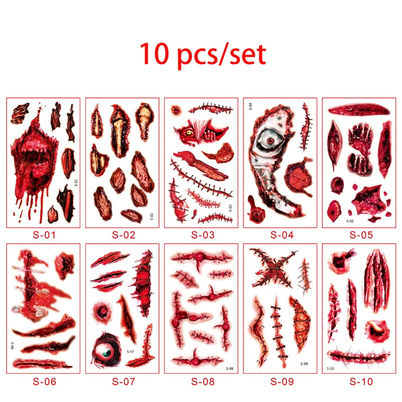 Day of the Dead Halloween Tattoos Stickers Temporary Bloodstain Wound Costume Party Festival Celebration Make Up Arm Face Tattoo