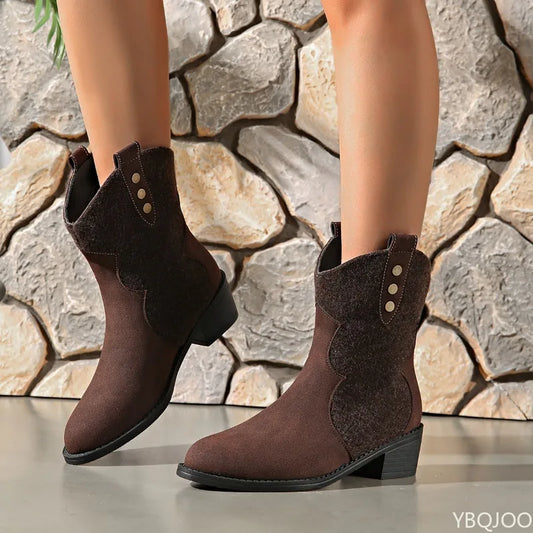 Elegant minimalist women's boots new autumn winter fashionable versatile thick heel round toe mid top retro women's boots