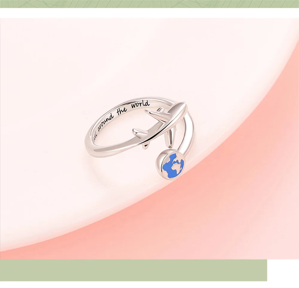 925-Sterling-Silver Adjustable Open Airplane Rings Engraved "Travel Around the Word"Engagement Ring Gifts for Women Teen Girls