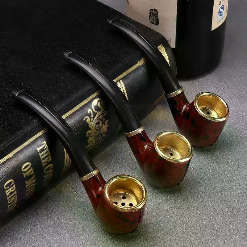 Imitation Wood Pipe Men's Classic Resin Pipe Old-Fashioned Dry Pipe Portable Copper Pot Bent Durable Mini Cigarette Pipe