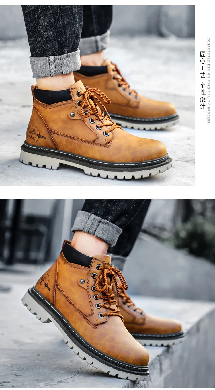 Men's High-Top British Style Motorcycle Boots Durable Cowboy Ankle Shoes Rugged Casual Non-Slip Leather Outdoor Work Footwear