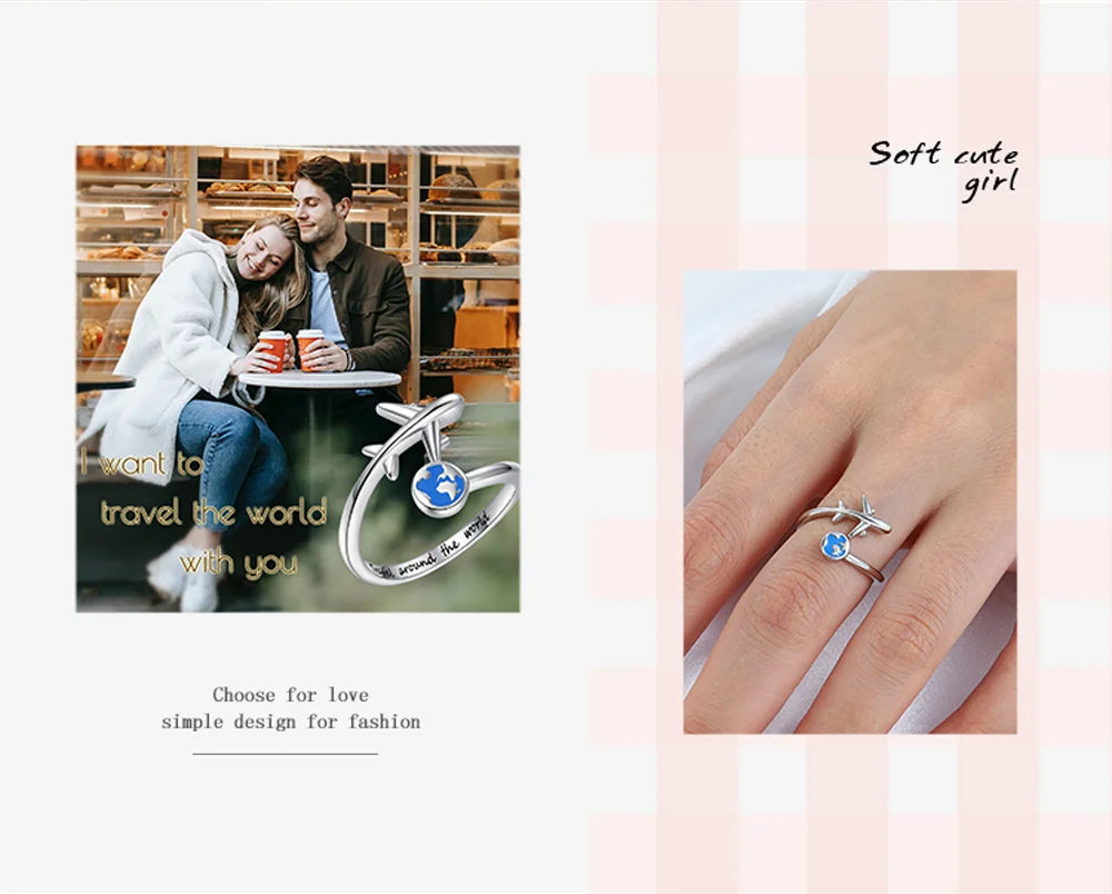 925-Sterling-Silver Adjustable Open Airplane Rings Engraved "Travel Around the Word"Engagement Ring Gifts for Women Teen Girls