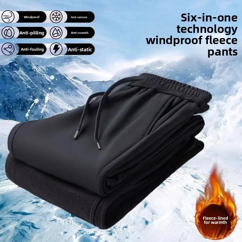 Men's Outdoor Casual Pants Thickened Fleece Lined Loose Fit Windproof Waterproof Winter Warm Cotton Trousers Straight Leg Jeans