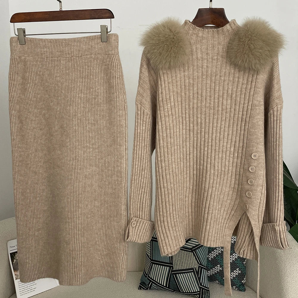 Sweater Set Warm suit Women Winter Knitted Suits two Piece Set Natural fox fur collar Sweater + Loose Trousers Office Lady Suit