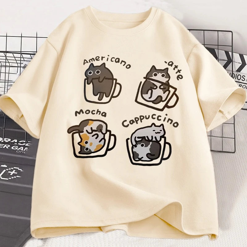 Men's Pure Cotton T-shirt From 2025, Coffee Cat, Is Comfortable, Breathable and Of High Quality. It's for Beach Travel, Parties