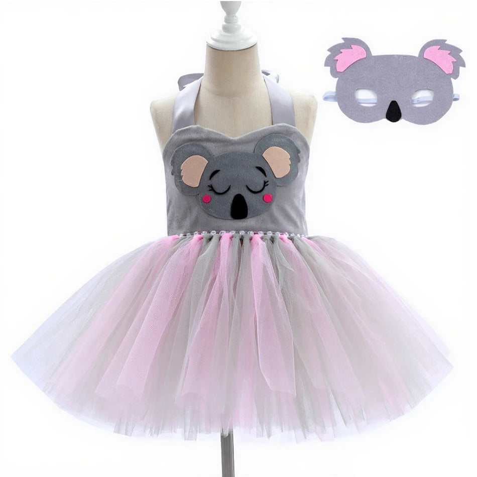 Girl Cartoon Raccoon Sloth Koala Piggy Rabbit Tutu Sling Dress Children Cosplay Festival Performance Dance Costume Headband Sets