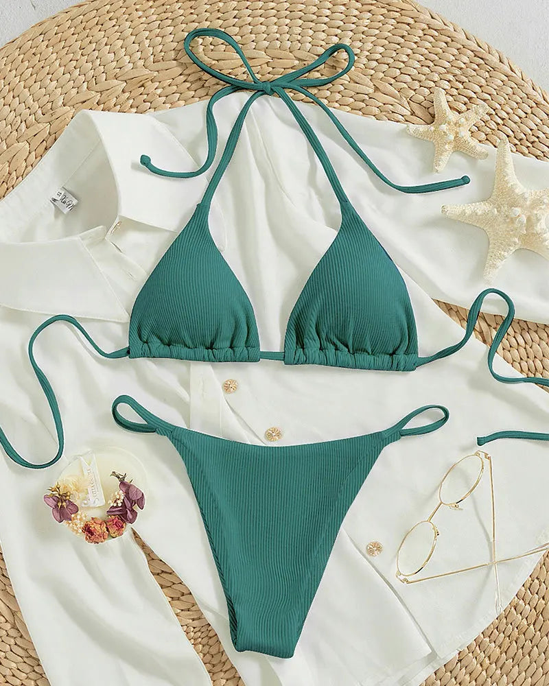 Bathing Suit Women Sexy Solid Halter Swimsuit Special Stripe Fabric Bikini Set Drawstring Lace Up Two-piece Split Beach Biquini