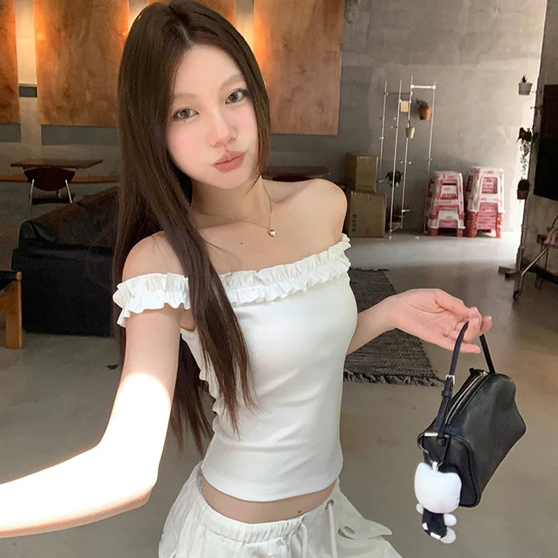 Women's Summer Off-Shoulder Solid Color Tops Sheath Casual Daily Cropped T-shirt
