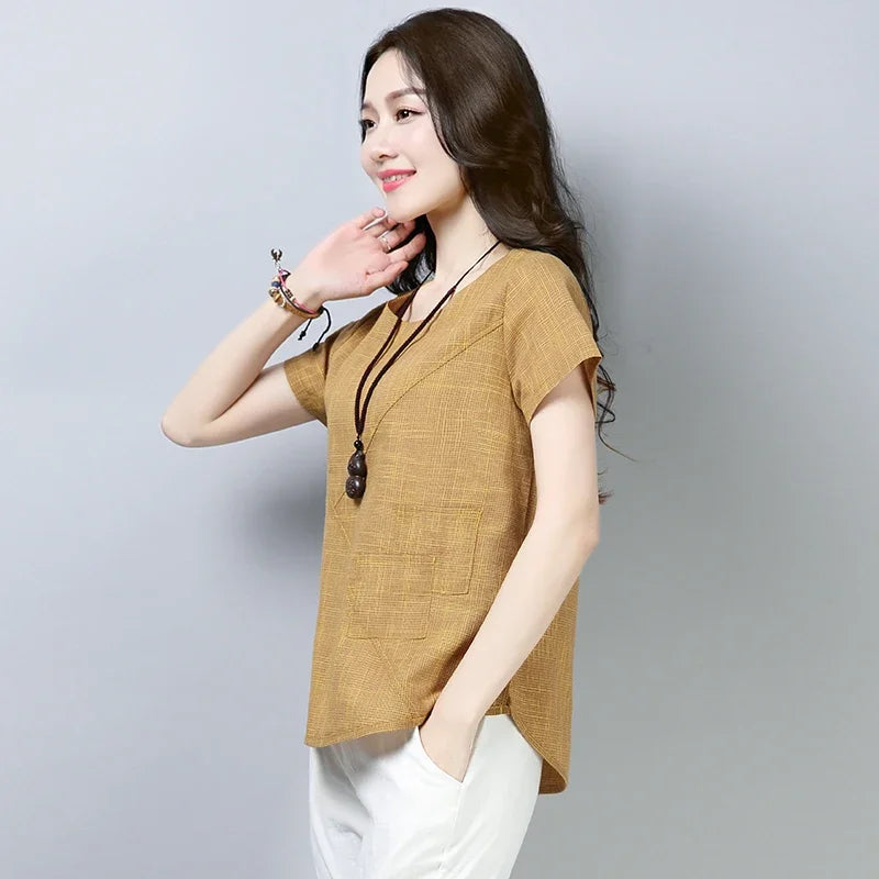 Women's Summer Blouses 2024 Vintage Linen Cotton Women Tops Blouses Short Sleeve Women Shirts Women Clothing Blusas 2127