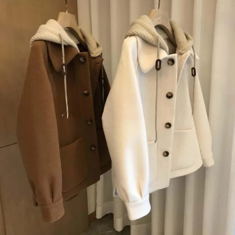 New Wool Coat for Women in Autumn and Winter High-end Knitted Hooded Fake Two-piece Thick Top