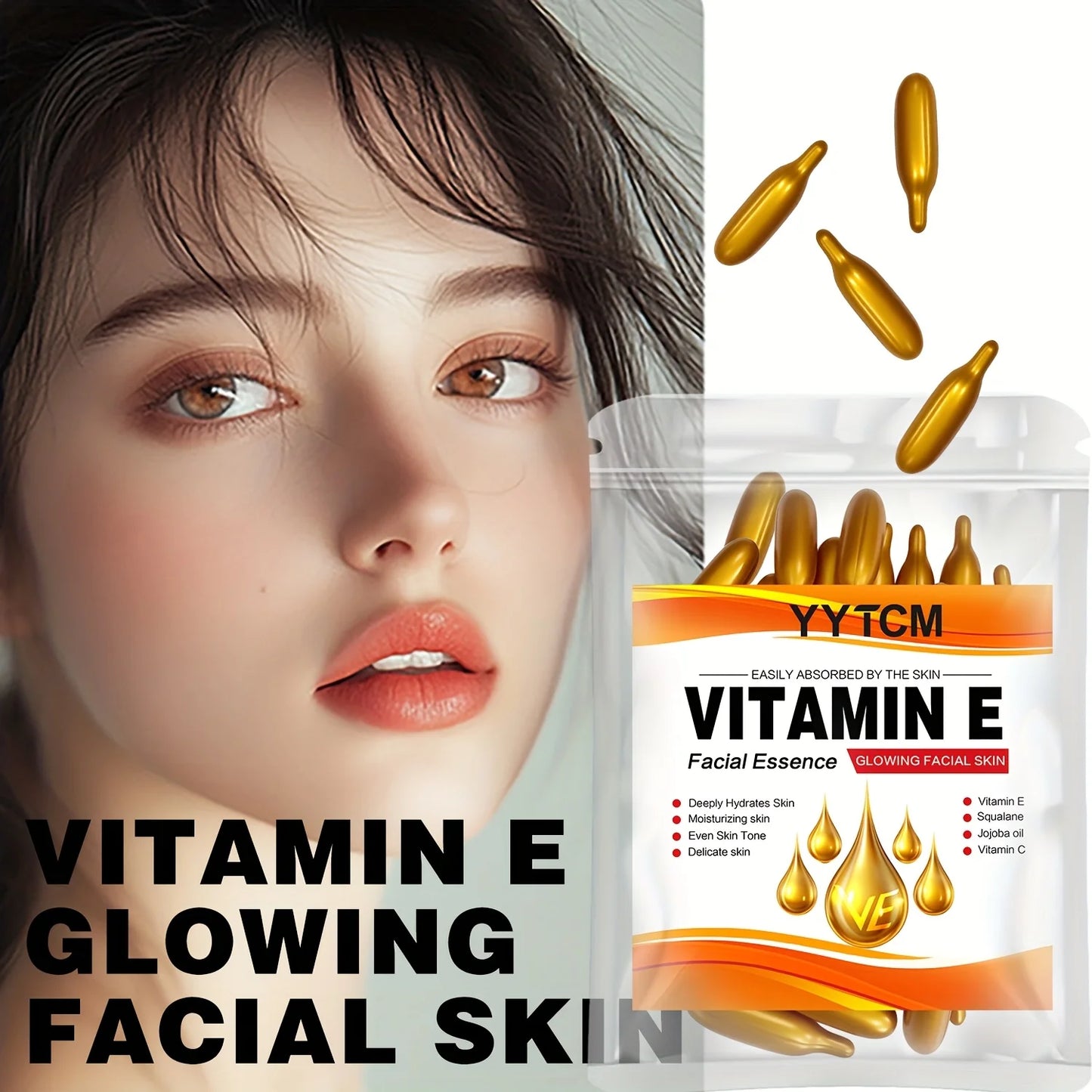 Vitamin E Deep Moisturizing Capsule Essence, Hydrates and Smoothes the Skin, Contains Plant Squalane, Vitamin C, Deep Hydrating and Brightening Skin Essence (0.4g X 30 Capsules)/Bag-1 Bag