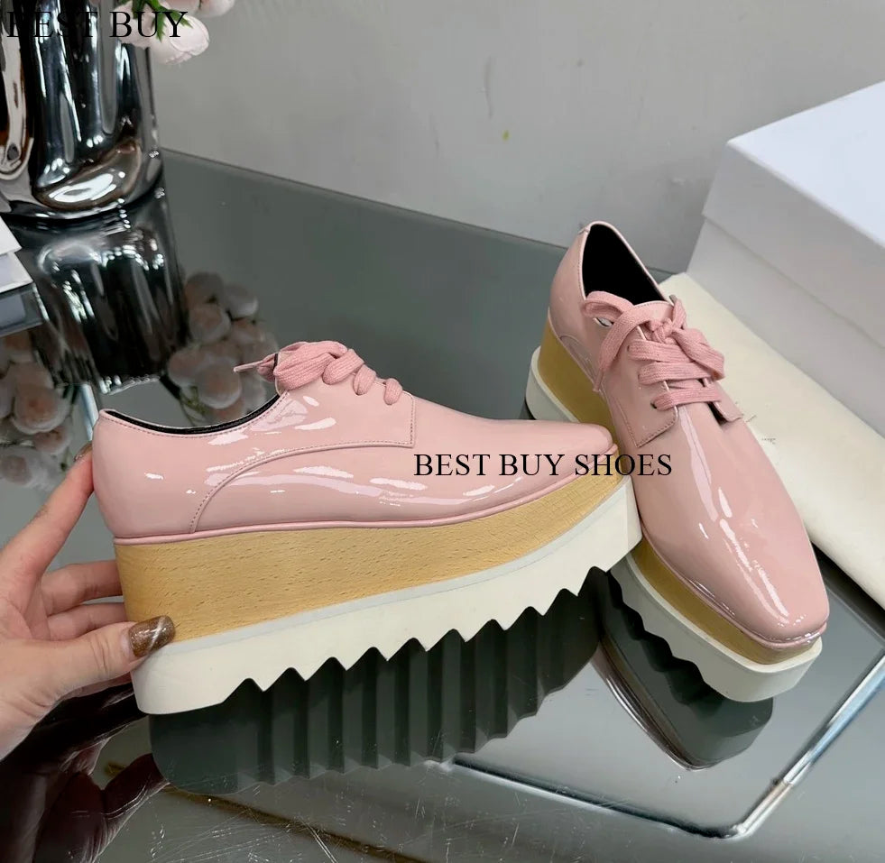 Women Fashion patent Stars high Loafers Shoes Lady Square Toe lace-up Thick Bottom Platform Wedge Shoes For Women sneakers
