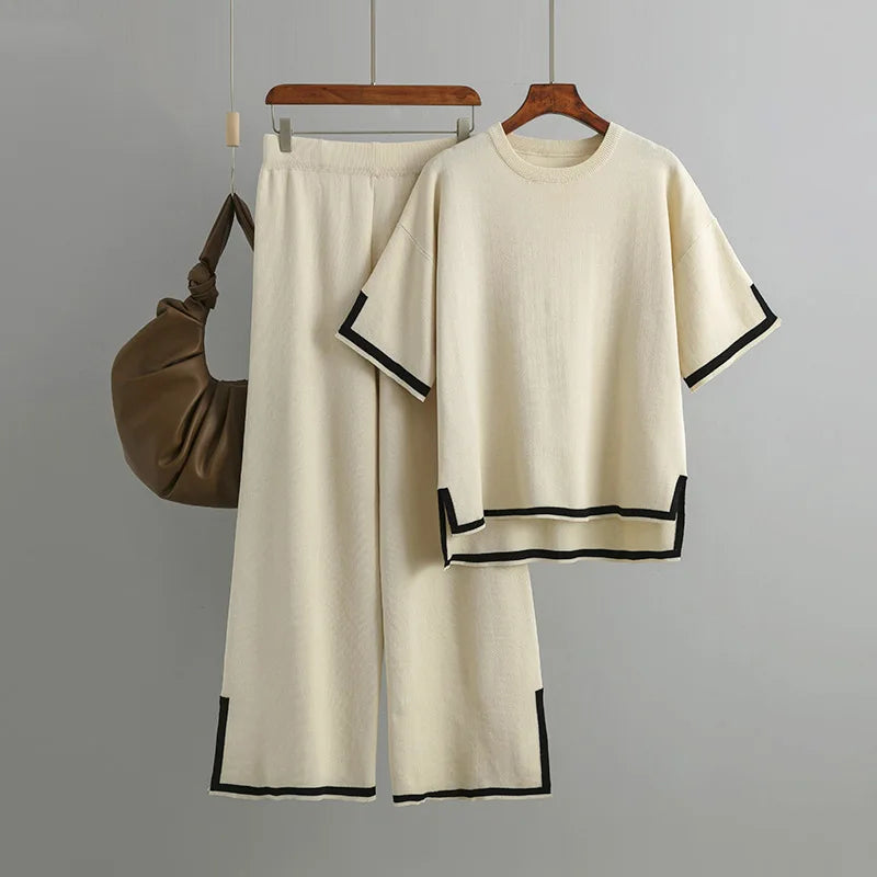 Pants Set Women Two Piece Sets Short Sleeve Spring Knit Tops Loose Casual Wide Leg Long Pants High Waist Y2k Streetwear Spring