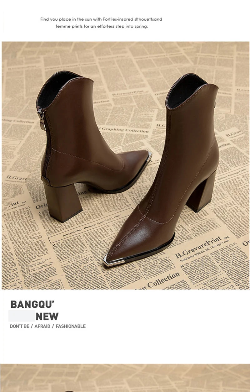 Pointed Toe Women's Ankle Boots Fashion Back Zippers Short Botas Ladies Elegant Square High Heel Winter Women's Footwear