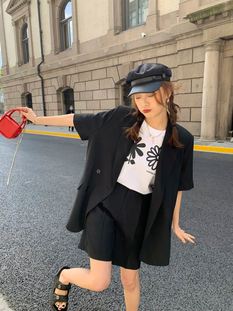 Pant Suits 2025 Spring and Summer Thin Casual Loose Short Sleeved Suit Jacket Women Suit Two-piece Set